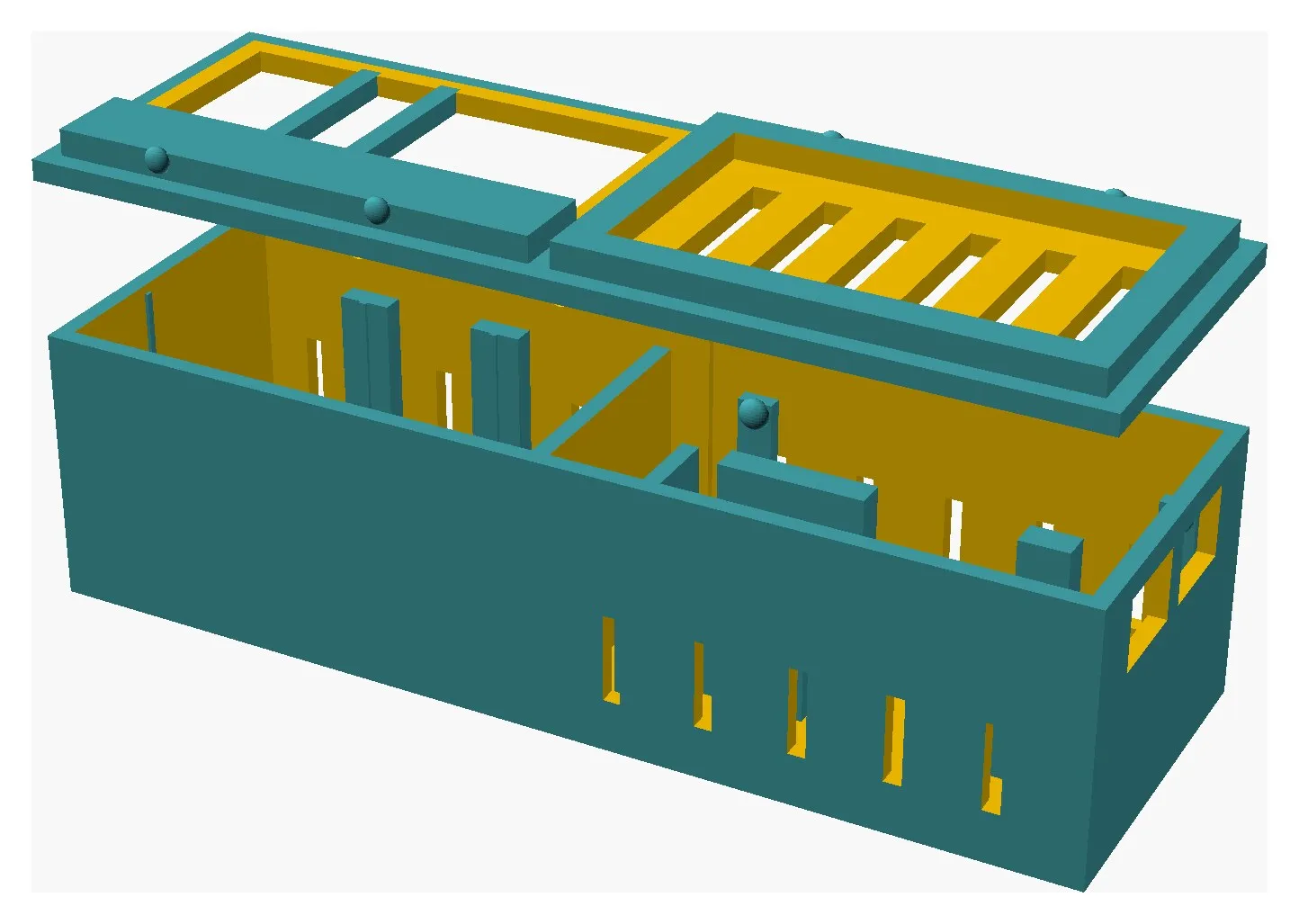 Exploded view of the finished enclosure: the body with two chambers, above it the lid seen from below with its sealing lip, snap bumps, ventilation grille and the large sensor window
